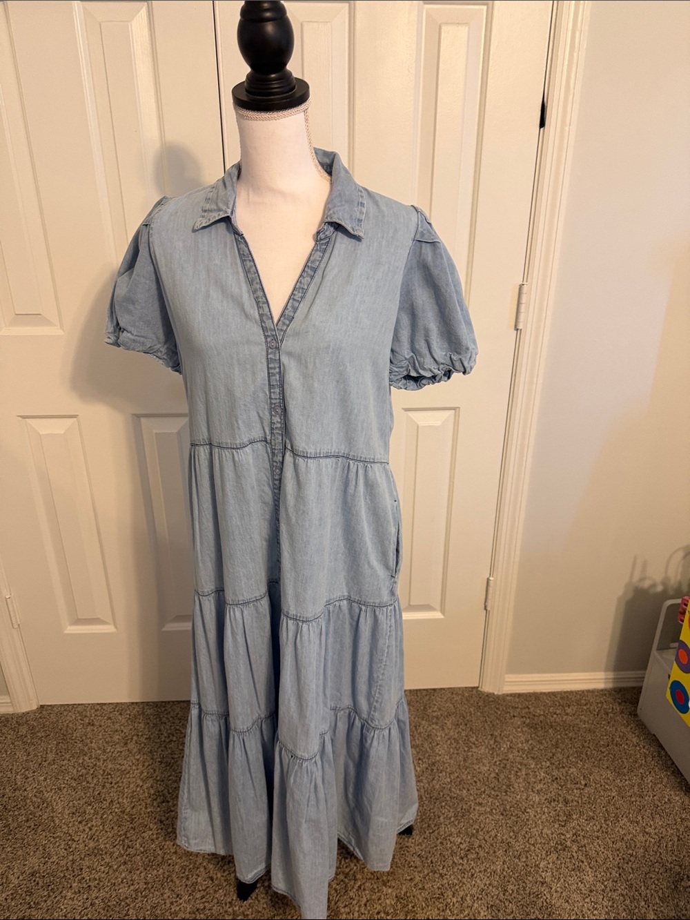 Light Blue Tiered Chambray Maxi Dress with Puff Sleeves